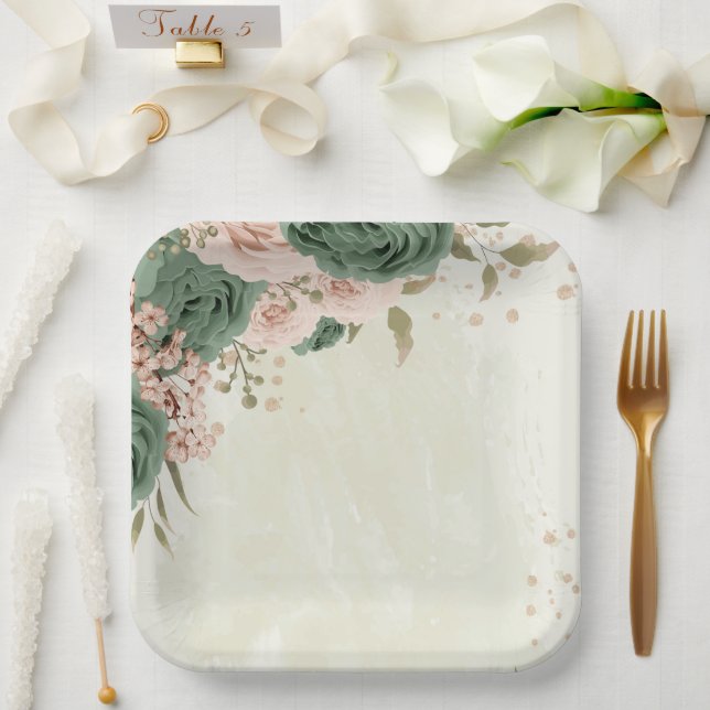 sage green blush flowers wedding paper plate (Wedding)