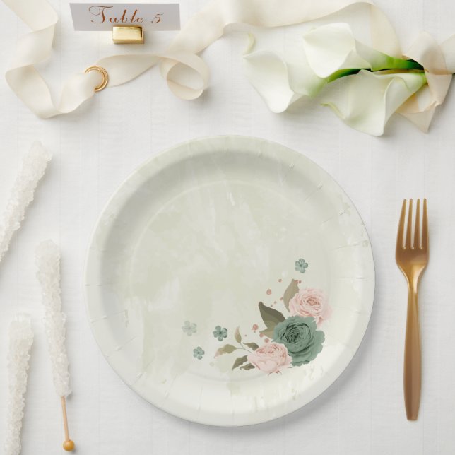 sage green blush flowers wedding paper plate (Wedding)