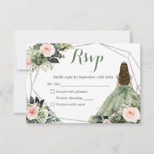 Sage Green Blush Geometric Princess Quinceañera RSVP Card
