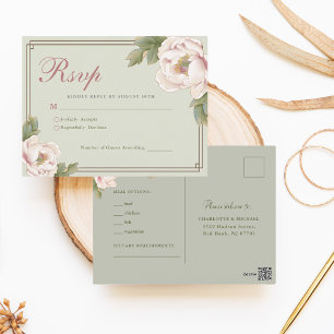 Sage Green & Blush Peony Floral Wedding RSVP Postcard