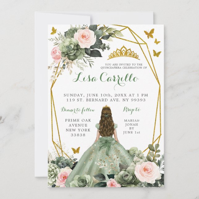 Sage Green Blush Pink Butterfly Girl's Quinceañera Invitation (Front)