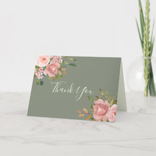 Sage Green & Blush Pink Floral Elegant Wedding Thank You Card