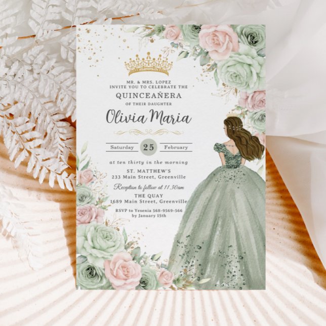 Sage Green Blush Pink Floral Princess Quinceañera  Invitation (Creator Uploaded)