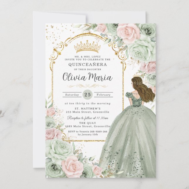 Sage Green Blush Pink Floral Princess Quinceañera  Invitation (Front)