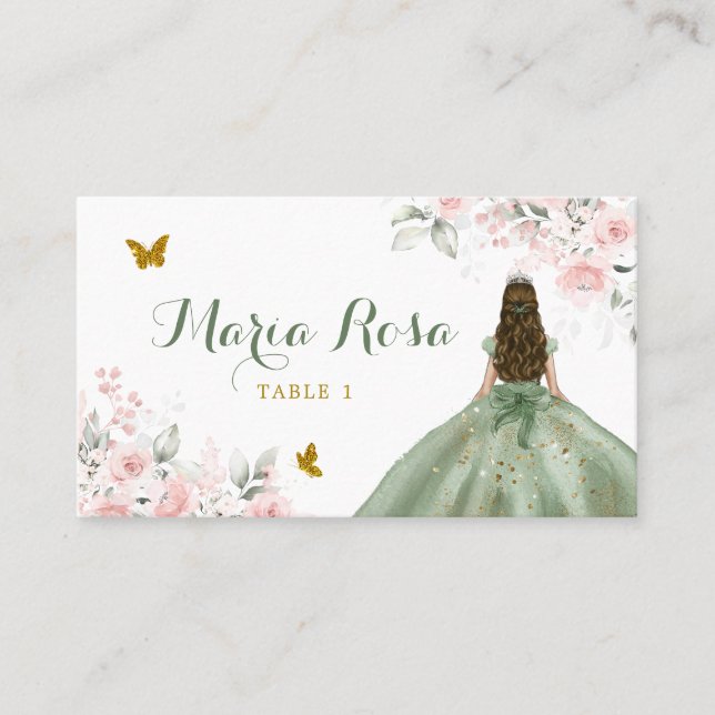 Sage Green Blush Pink Floral Princess Quinceañera Place Card (Front)