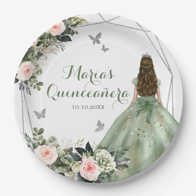 Sage Green Blush Pink Floral Princess XV Años Paper Plate (Front)