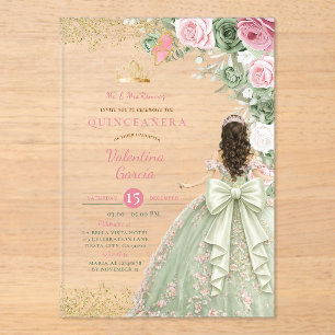 Sage Green Blush Pink Floral Quinceañera Birthday Acrylic Invitations