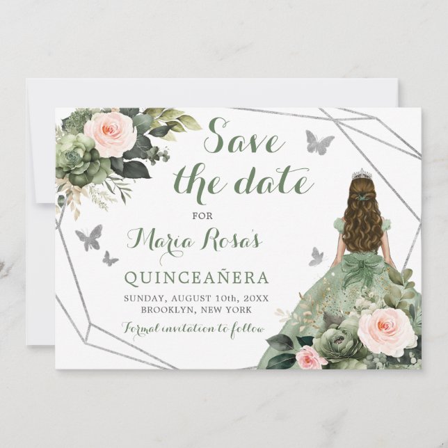 Sage Green Blush Pink Floral Quinceañera Invitation (Front)