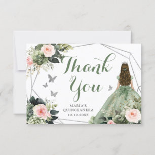 Sage Green Blush Pink Floral Quinceañera Thank You Card