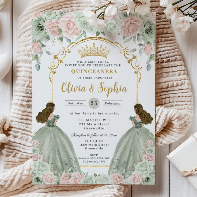 Sage Green Blush Pink Floral Twins Quinceañera Invitation (Creator Uploaded)