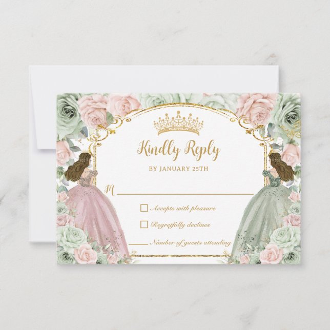 Sage Green Blush Pink Floral Twins XV Quinceañera RSVP Card (Front)
