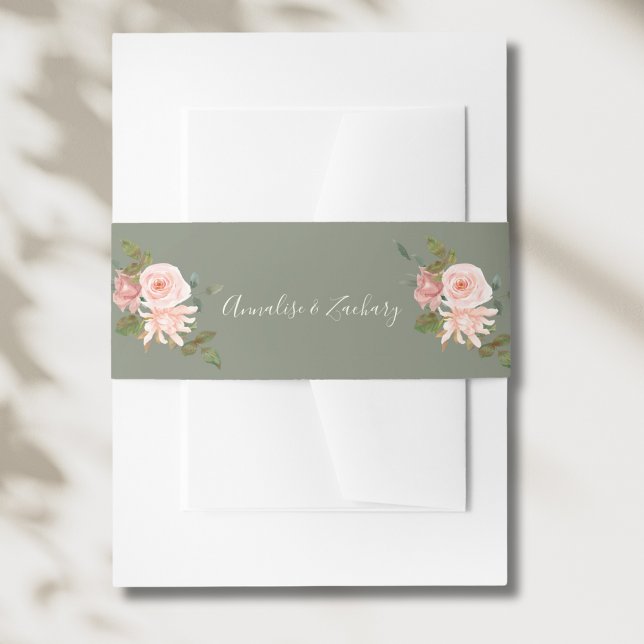 Sage Green & Blush Pink Floral Wedding Invitation Belly Band (Creator Uploaded)