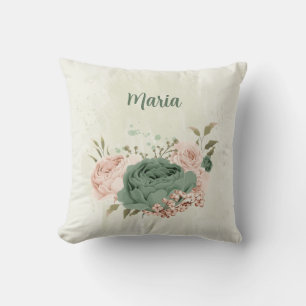 sage green blush pink flowers cushion