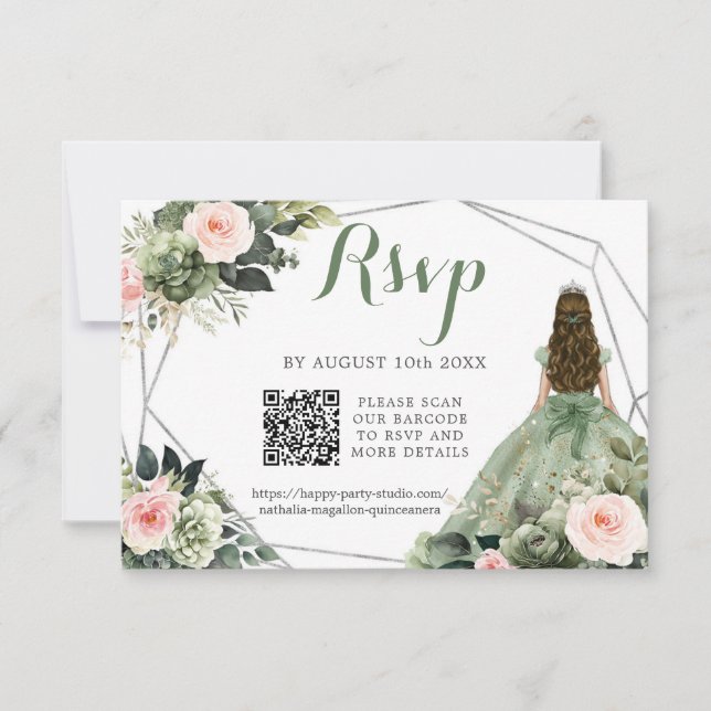 Sage Green Blush Pink Girl XV Años QR RSVP Card (Front)