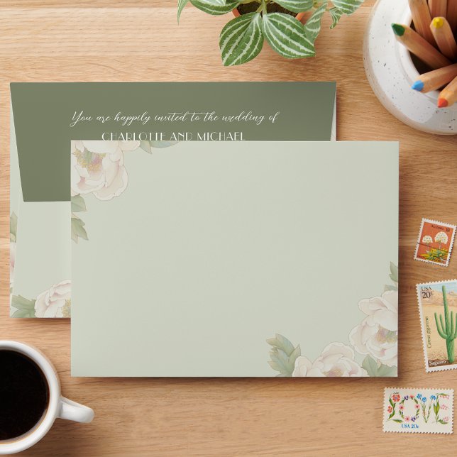 Sage Green Blush Pink Peony Floral Wedding  Envelo Envelope (Creator Uploaded)