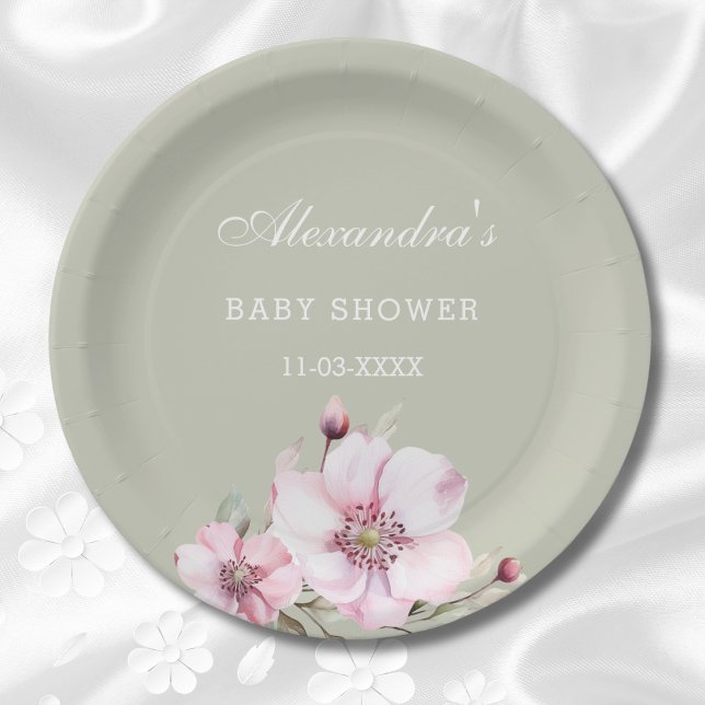 Sage Green Blush Pink Roses Baby Shower  Paper Plate (Creator Uploaded)