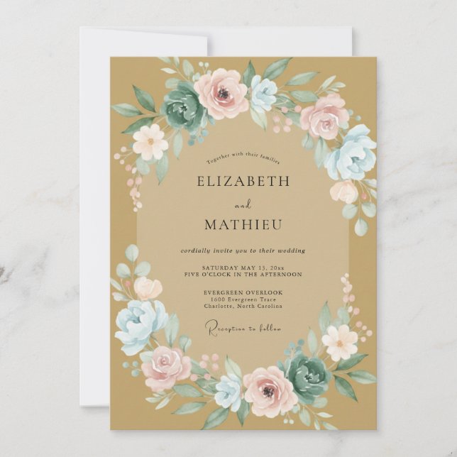 Sage Green Blushing Rose Wedding Invitation (Front)