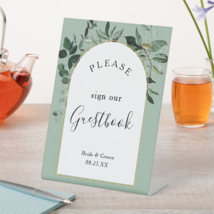Sage Green boho arch Botanic Greenery guestbook Pedestal Sign