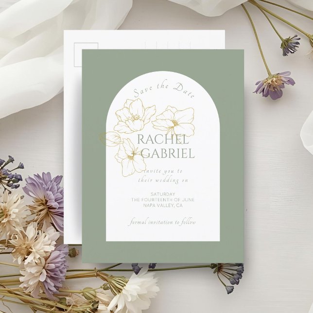 Sage Green | Boho Arch Gold Floral Wedding  Postcard (Creator Uploaded)