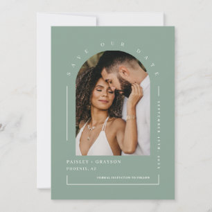 Sage Green Boho Arch Photo QR Code Save Our Date Invitation
