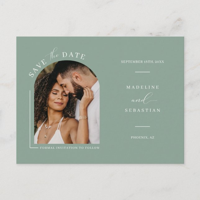 Sage Green Boho Arch Photo QR Code Save the Date P Postcard (Front)