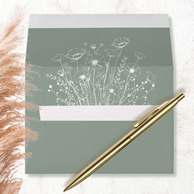 Sage Green Boho Botanical White Wildflower Wedding Envelope (Creator Uploaded)
