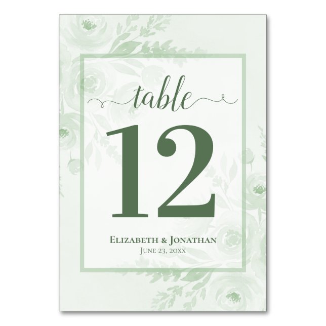 Sage Green Boho Chic Floral Elegant Wedding Table Number (Front)