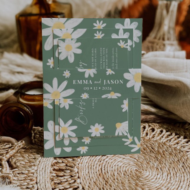 Sage Green Boho Daisy Flower Invitation Belly Band (Creator Uploaded)