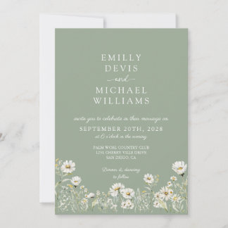 Sage Green Boho Daisy Wildflower Garden Wedding Invitation