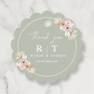 Sage Green Boho Floral Elegant Wedding Monogram Favour Tags