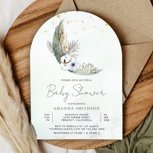 Sage Green Boho Floral Moon Arch Baby Shower Invitation (Creator Uploaded)