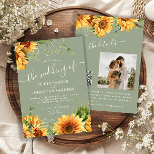 Sage green boho floral sunflower wedding invitation
