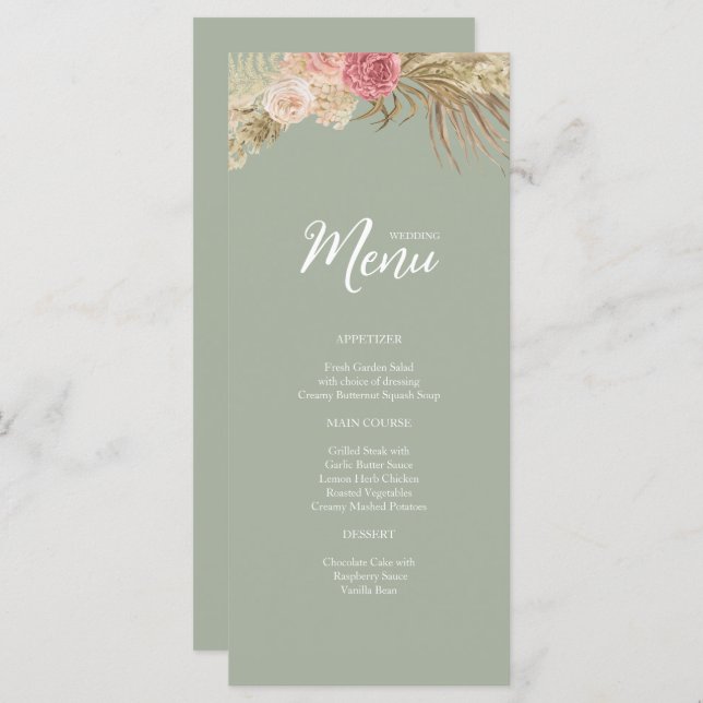 Sage green Boho Floral Wedding Flat Menu (Front/Back)