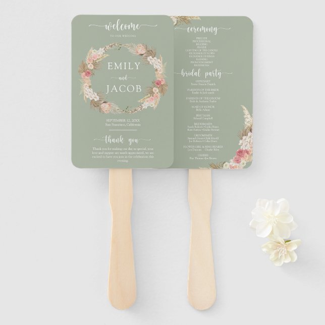 Sage Green Boho Floral Wedding Hand Fan (Front and Back)
