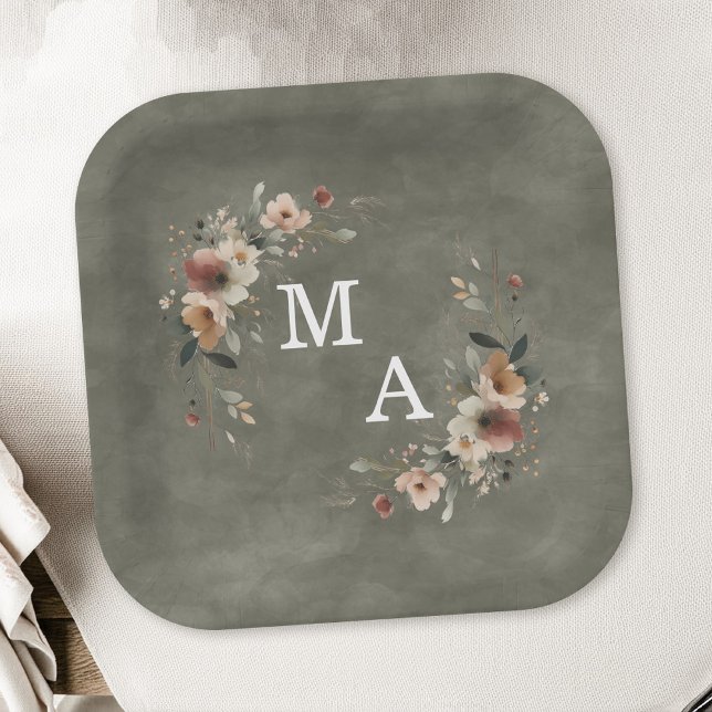 Sage Green Boho Floral Wreath Wedding Monogram Paper Plate (Decorate your celebration table in elegance with our monogrammed plates in 6 chic hues.)