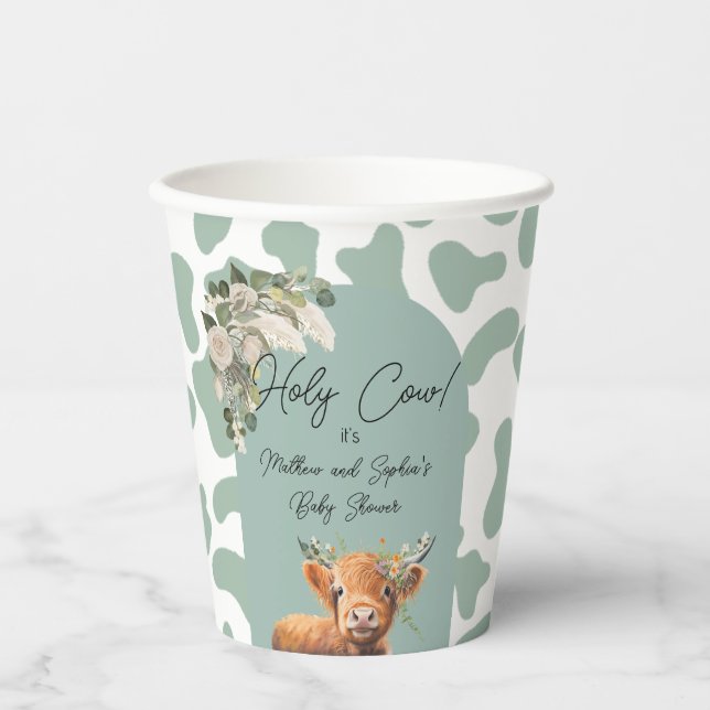 Sage Green Boho Holy Cow Farm Baby Shower  Paper Cups (Front)