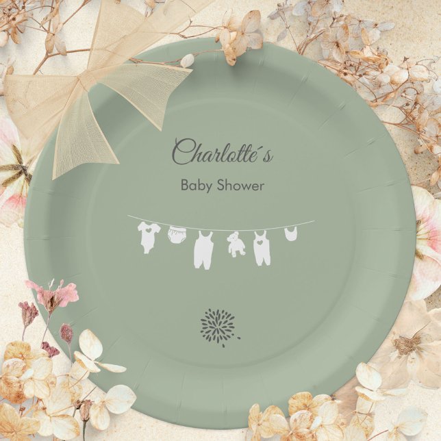 Sage Green Boho Minimalist Baby Shower Paper Plate (Sage Green Boho Minimalist Baby Shower Paper Plates ©Susanne Sachers - Sunny Mind 🌞)