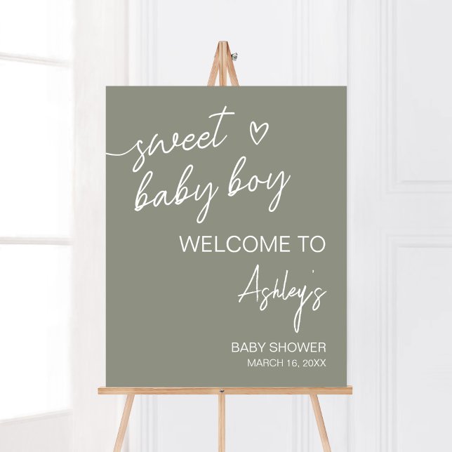 Sage Green Boho Minimalist Welcome Poster (Sweet Baby Boy Boho Baby Shower Welcome Sign)