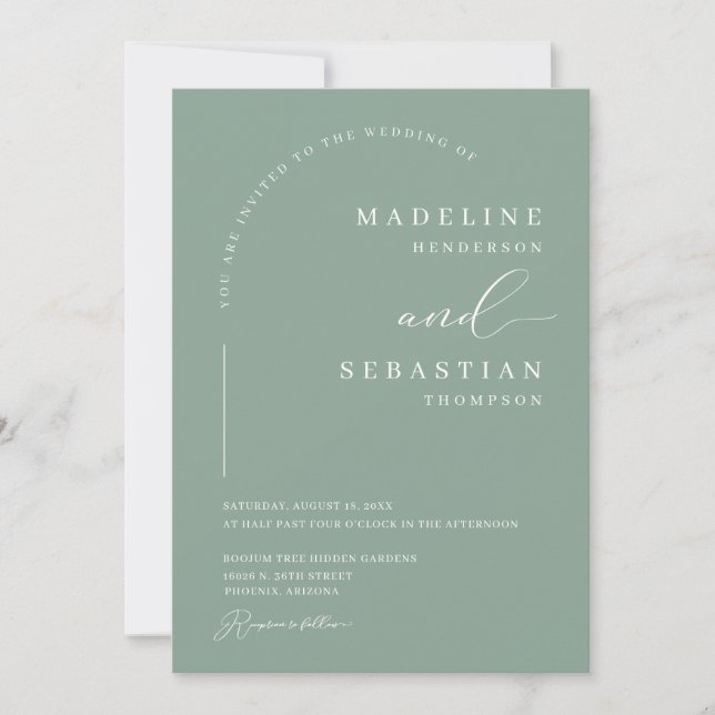 Sage Green Boho Modern Arch Photo Wedding Invitation (Front)