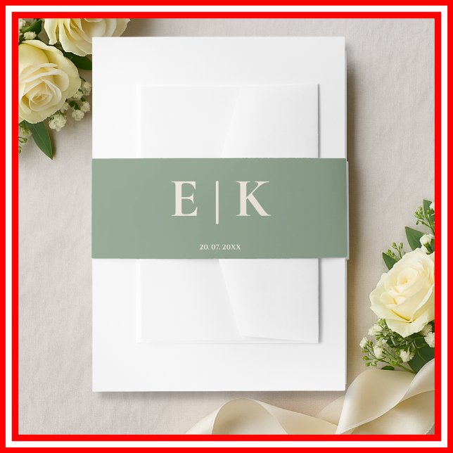 Sage Green Boho Monogram Wedding Invitation Belly Band (Creator Uploaded)