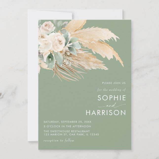 Sage Green Boho Pampas Grass  All In One Wedding Invitation (Front)