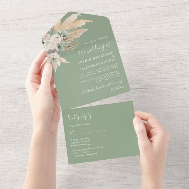 Sage Green Boho Pampas Grass Wedding All In One Invitation (Tearaway)