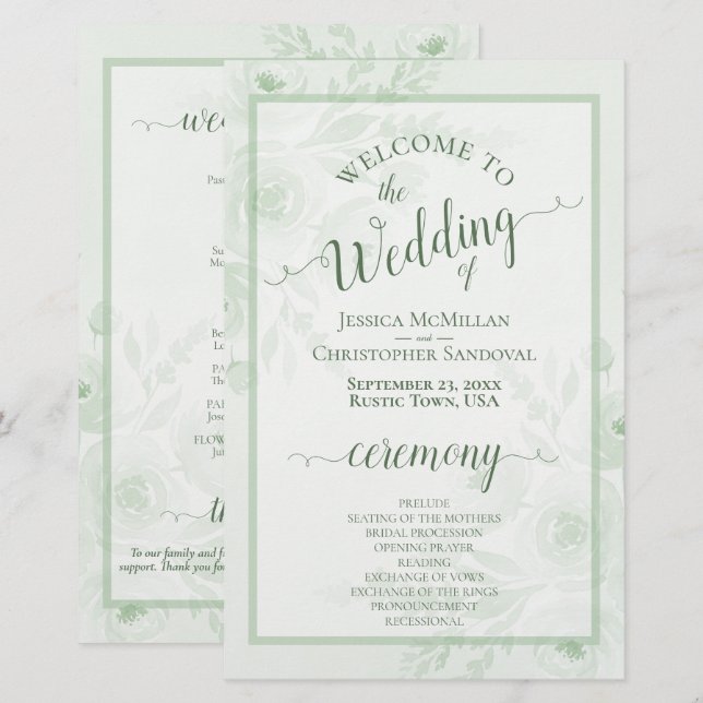Sage Green Boho Peonies Budget Wedding Program (Front/Back)