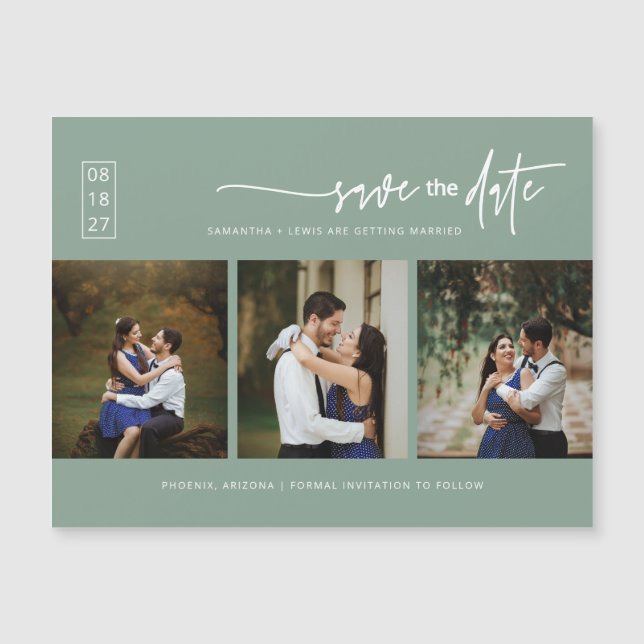 Sage Green Boho Photo Save the Date Magnetic Card (Front)
