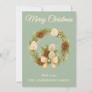 Sage Green Boho Pine Greenery Wreath Holiday Card