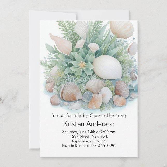 Sage Green Boho Seashell Celebration Baby Shower Invitation (Front)