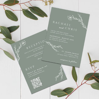 Sage Green Boho Simple Floral Botanical QR Code Invitation