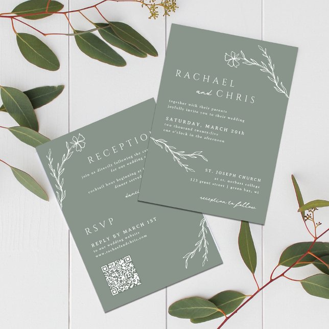 Sage Green Boho Simple Floral Botanical QR Code Invitation (Creator Uploaded)