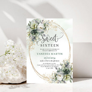 Sage Green Boho Sweet Sixteen Greenery Gold Invite
