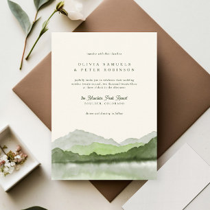 Sage Green Boho Watercolor Mountain Photo Wedding Invitation